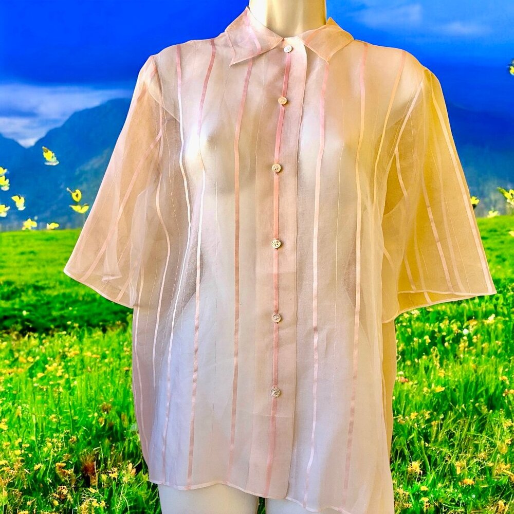 Vtg 80s PERRY ELLIS Sheer Silk Blouse Sz 12 Pink Stripe Button Short Sleeve Top